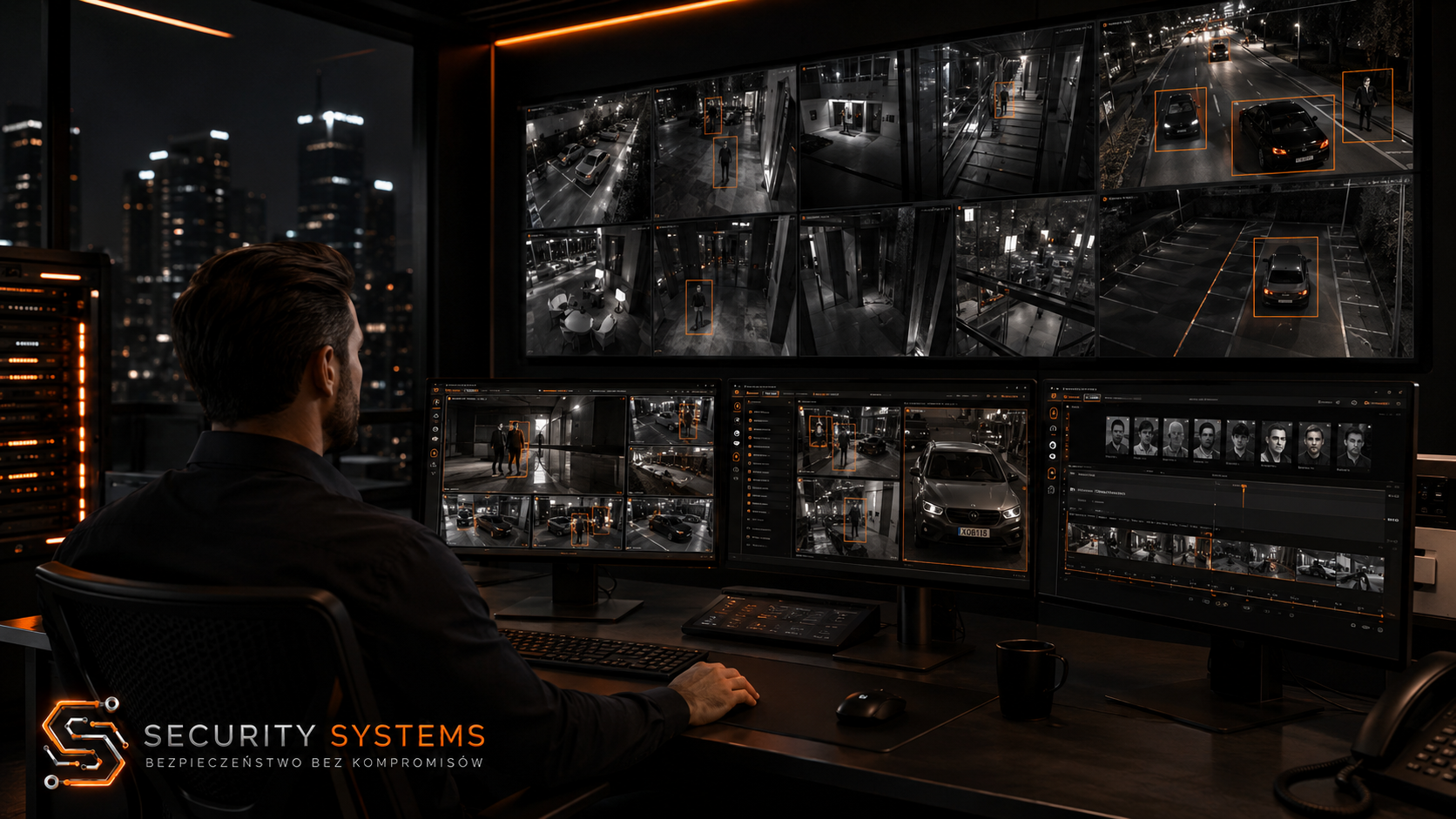 Centrum monitoringu Security Systems — operator obserwuje podgląd z kamer Hikvision z detekcją AI, Bydgoszcz